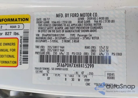 2017 Ford Fusion Se из США, поврежденный, VIN 3FA6P0H7XHR415299